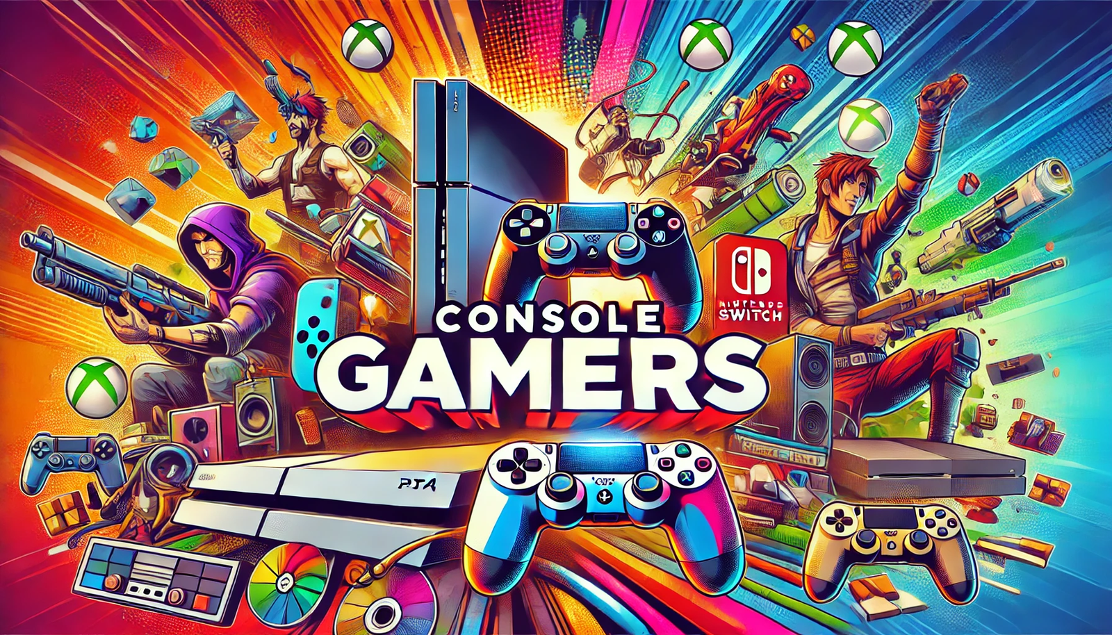 Vibrant and dynamic featured image for 'Console Gamers' featuring modern gaming consoles like PlayStation, Xbox, and Nintendo Switch. The background is filled with colorful game-related elements like controllers, game discs, and characters