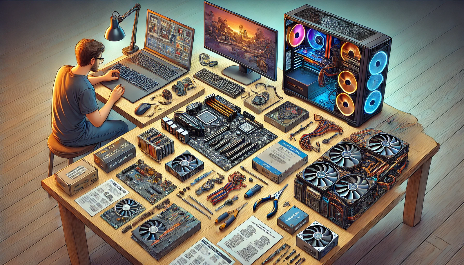 A detailed and organized workspace for building your own gaming PC, featuring all necessary components laid out neatly, including a motherboard, CPU, GPU, RAM, power supply, and cooling system. A user is assembling the parts with tools like screwdrivers and cable ties. There are instruction manuals and a laptop displaying an online tutorial. The background shows a desk with additional components and a completed gaming setup with dual monitors displaying vibrant graphics, emphasizing the DIY approach to building a gaming PC.