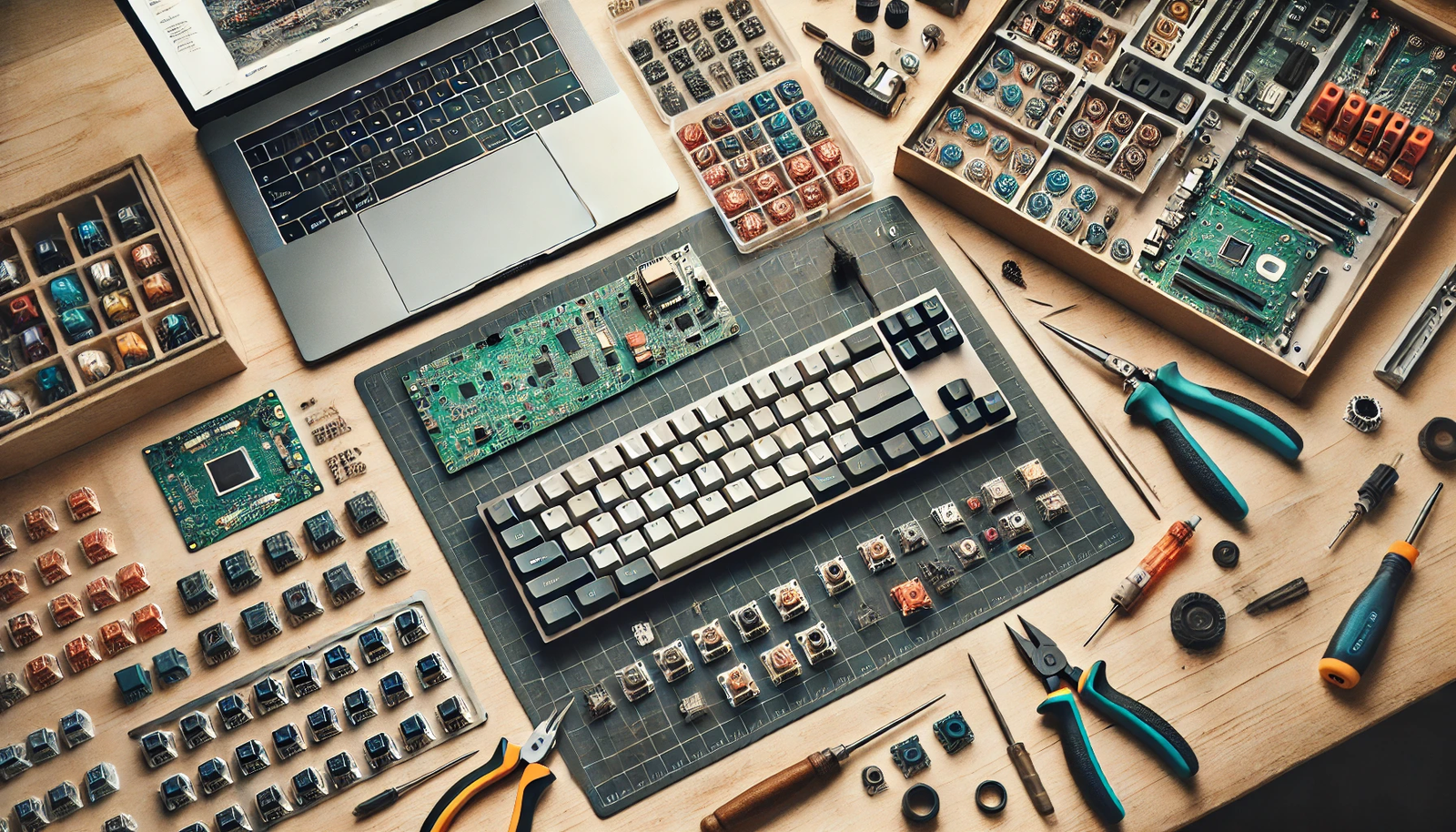 An organized workspace for building a custom mechanical keyboard, featuring various keyboard components like keycaps, switches, a PCB (printed circuit board), and a case. A person is assembling the keyboard, carefully placing switches into the PCB with a soldering iron nearby. Tools such as a keycap puller, screwdriver, and soldering kit are visible. There is a laptop open to an online tutorial, providing instructions. The atmosphere is hands-on and tech-focused, highlighting the DIY process of creating a personalized keyboard tailored to individual preferences.