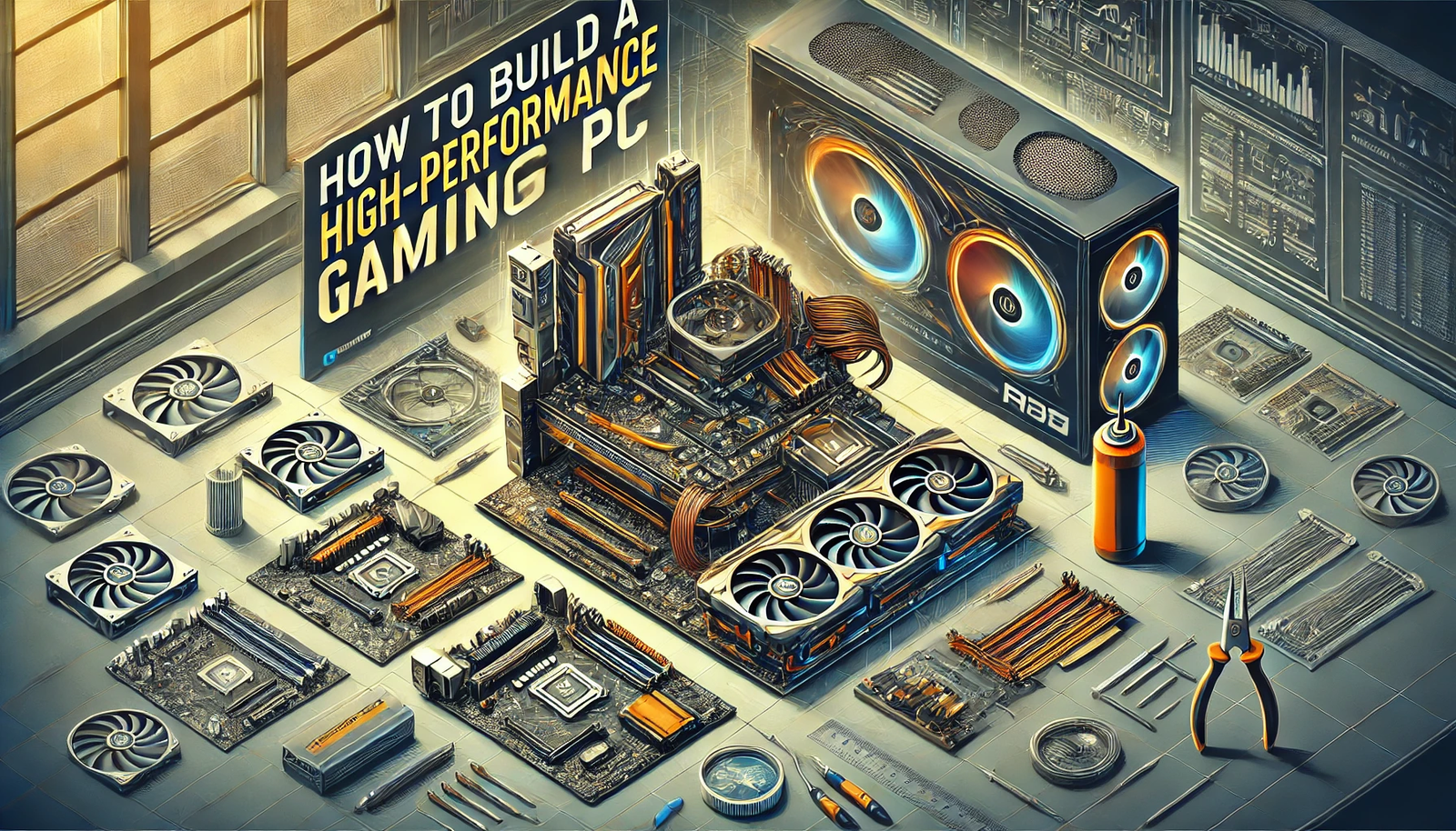 Featured image for the article 'How to Build a High-Performance Gaming PC'. The image displays components such as a high-end graphics card, CPU, motherboard, RAM, and cooling systems. The background includes elements like a partially assembled PC, tools, and a workspace. The text 'How to Build a High-Performance Gaming PC' is prominently displayed in a bold and modern font, creating an informative and visually appealing design for readers interested in building their own gaming PCs.