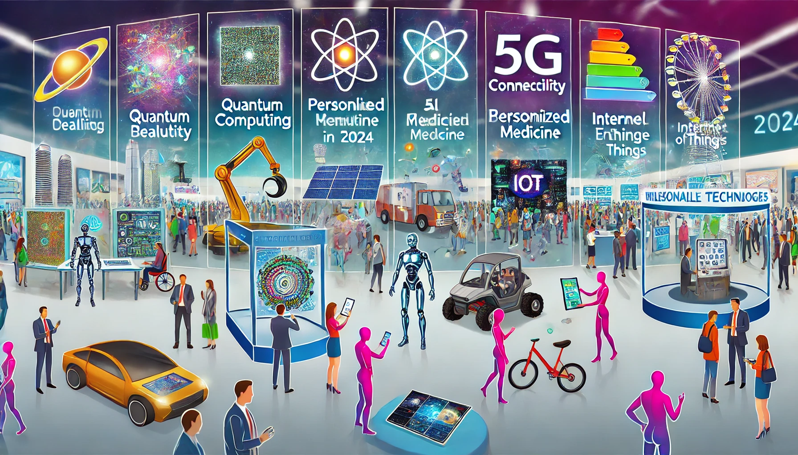 An illustration depicting the top 10 emerging technologies to watch in 2024 at a futuristic technology expo, featuring innovations like quantum computing, 5G connectivity, AI-driven robotics, augmented reality, blockchain applications, personalized medicine, renewable energy solutions, autonomous vehicles, Internet of Things (IoT) devices, and space exploration technologies. Each technology is represented by engaging visuals and interactive displays, with people exploring and engaging with the exhibits, emphasizing the transformative potential of these cutting-edge advancements.