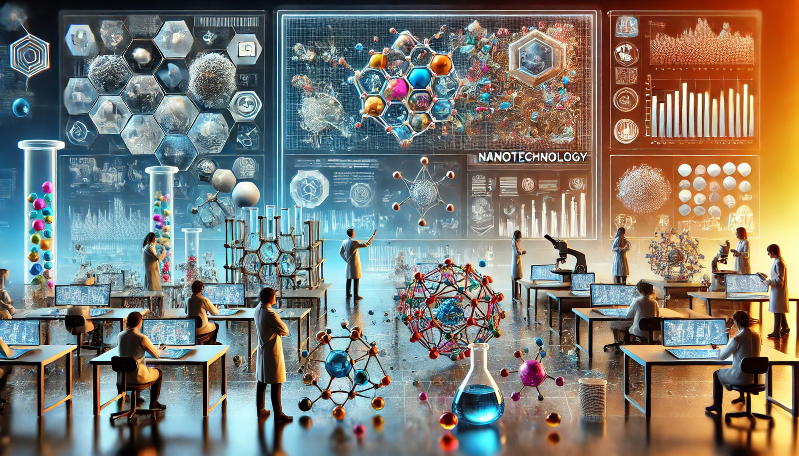 A detailed illustration of nanotechnology, highlighting its significance and applications. The scene features a high-tech laboratory where scientists use advanced equipment to manipulate nanoscale materials. Visuals include representations of nanoscale structures like carbon nanotubes and nanoparticles. Scientists observe atomic-level interactions on large digital screens. Applications of nanotechnology in fields such as medicine, electronics, and materials science are displayed with icons and diagrams, emphasizing how nanotechnology is revolutionizing industries and driving innovation at the molecular level.