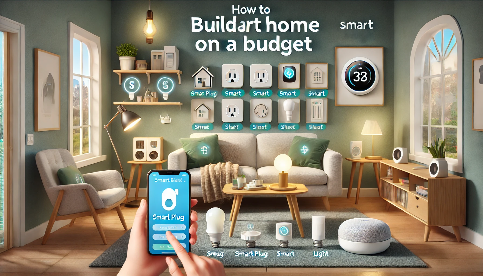 A cozy living room setup illustrating how to build a smart home on a budget, featuring affordable smart devices like smart plugs, a budget-friendly smart speaker, smart light bulbs, and a basic smart thermostat. The living room is decorated with modern furniture, including a comfortable sofa and a small coffee table. A person is using a smartphone to control the smart devices through an app, showcasing the connectivity and functionality of the setup, emphasizing that creating a smart home can be cost-effective and efficient.