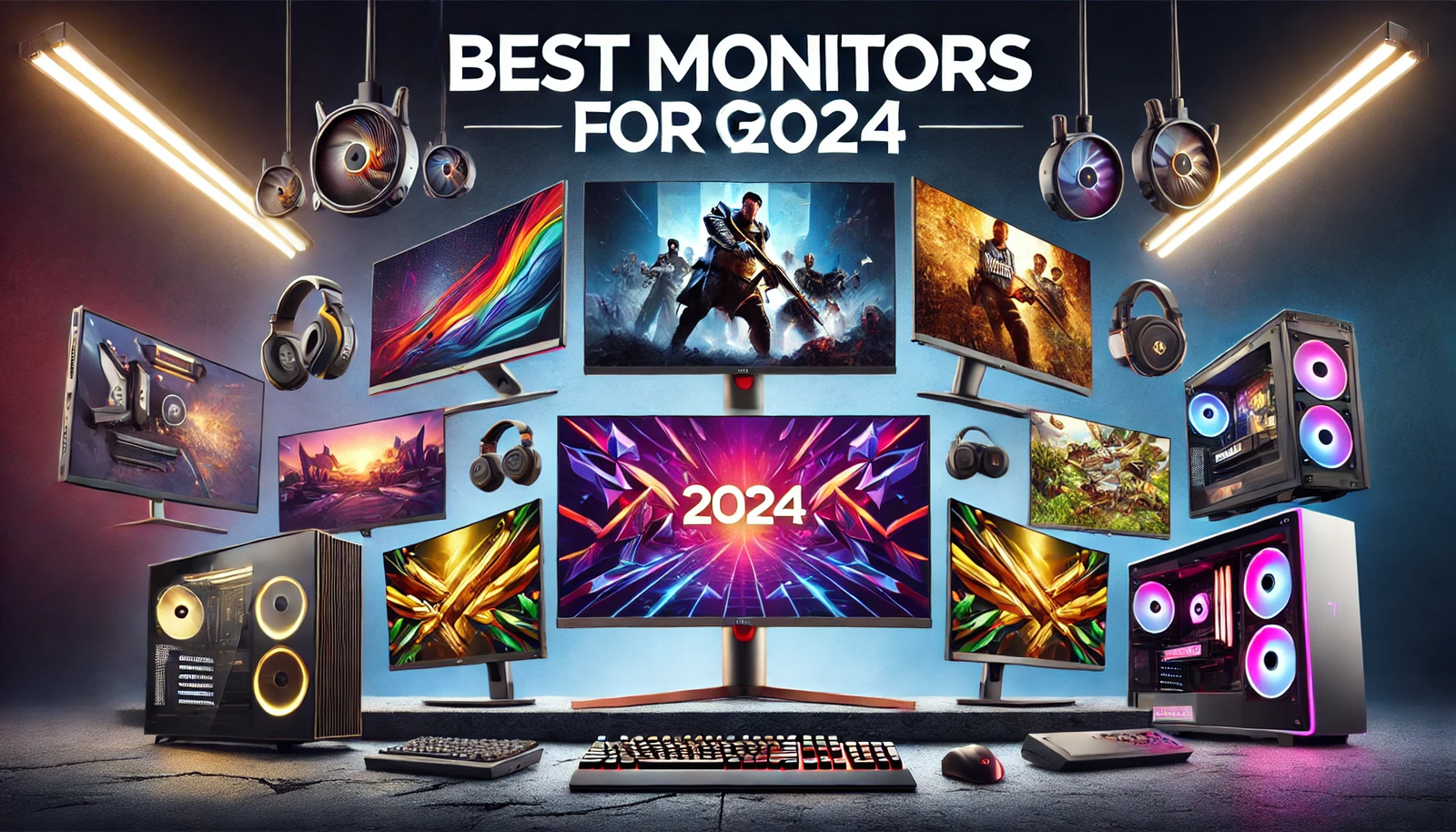 Featured image for the article 'Best Monitors for Gaming in 2024'. The image displays a selection of high-end gaming monitors with different sizes and designs from popular brands. The background includes elements such as gaming setups, vibrant game scenes, and related accessories like gaming keyboards and mice. The text 'Best Monitors for Gaming in 2024' is prominently displayed in a bold and modern font, creating a sleek and visually appealing design for gamers looking for the best display options.