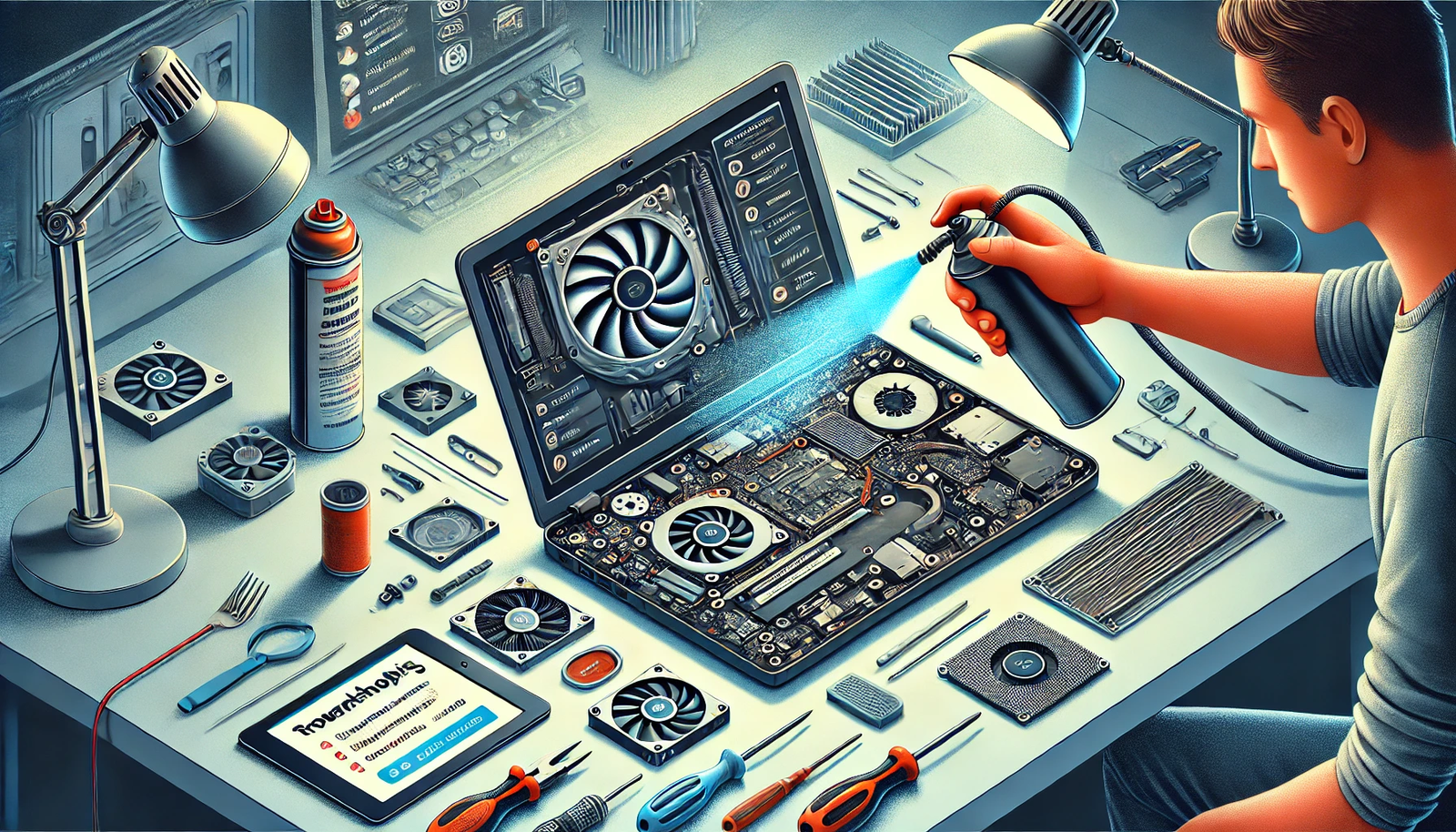 An informative scene illustrating troubleshooting for laptop overheating problems, featuring an open laptop on a desk with visible components like the CPU, GPU, and cooling fans. A person uses compressed air to clean dust from the fans and vents. Tools like a thermal paste applicator, screwdrivers, and a cooling pad are neatly arranged. A tablet or monitor displays a guide with tips on improving airflow and reducing heat. The background shows a clean workspace with organized cables and additional tech gadgets, emphasizing practical steps to resolve overheating issues in laptops.