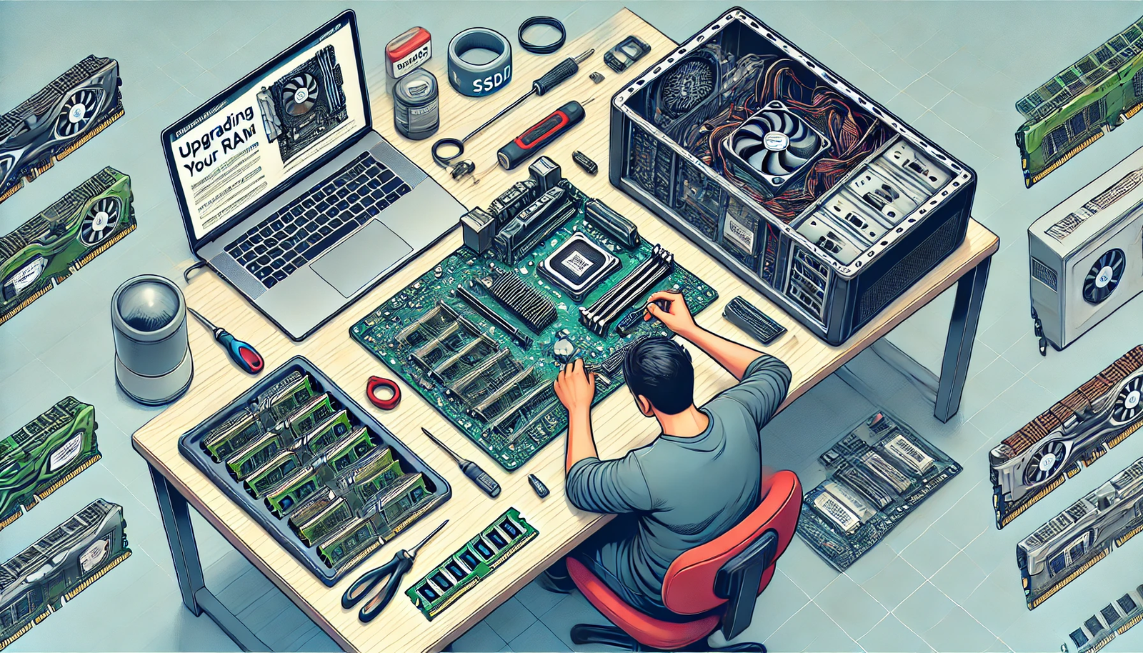 An instructional scene illustrating a DIY guide to upgrading your PC's RAM. The workspace includes an open computer case on a desk, revealing the motherboard with RAM slots. A person is carefully installing new RAM modules, ensuring they are aligned correctly. Tools like an anti-static wristband and a screwdriver are placed nearby. A laptop displays a step-by-step guide for RAM installation. The setting is organized and tech-focused, with additional components like SSDs and graphics cards visible, emphasizing the process of enhancing a computer's performance by upgrading its RAM.