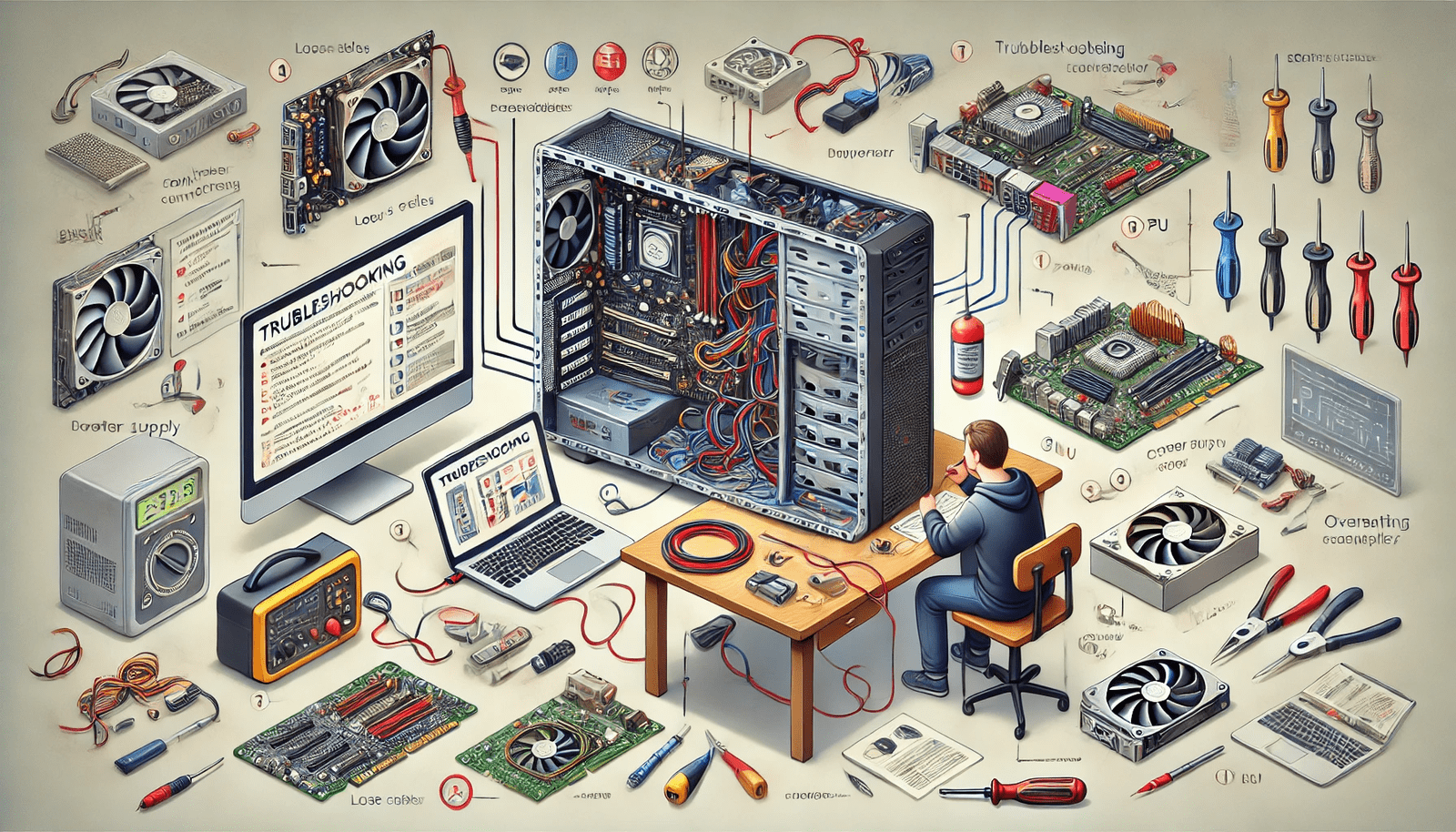 An instructional scene illustrating how to fix common computer hardware issues. The workspace includes a desktop computer with its side panel removed, exposing internal components like the motherboard, RAM, and GPU. A person is troubleshooting the hardware by examining connections and using tools like a multimeter and screwdriver. Various issues such as loose cables, a faulty power supply, and overheating components are depicted. A laptop or tablet displays a troubleshooting guide with diagnostic tips. The atmosphere is focused and technical, emphasizing practical solutions for resolving common hardware problems in computers.