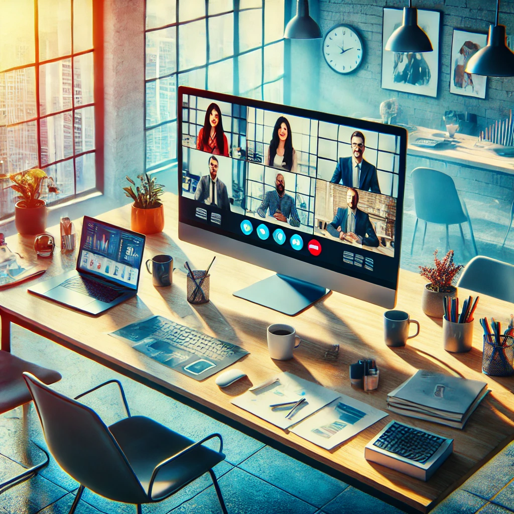 A vibrant, modern workspace with a diverse team collaborating remotely via video conference. The central monitor displays team members actively engaged in discussion, with charts and documents visible. The workspace features a sleek desk, scattered documents, a coffee cup, and a small plant, all bathed in natural light filtering through a nearby window, creating an atmosphere of productivity and teamwork.