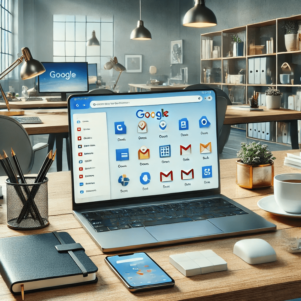 A professional workspace with a laptop displaying Google Workspace apps like Docs, Sheets, Slides, and Gmail. The desk includes a smartphone, notebook, and a cup of coffee, set against a modern office background with shelves holding books and plants. The scene is organized, bright, and tech-savvy, emphasizing productivity and digital collaboration using Google Workspace.