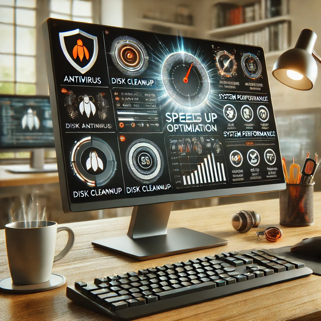 A close-up of a desktop computer screen displaying various optimization software and tools, including antivirus, disk cleanup, and system performance monitors. The desk setup includes a mouse, keyboard, and a cup of coffee, within a tidy, tech-savvy workspace. The scene emphasizes efficiency, performance, and maintenance for speeding up a PC.