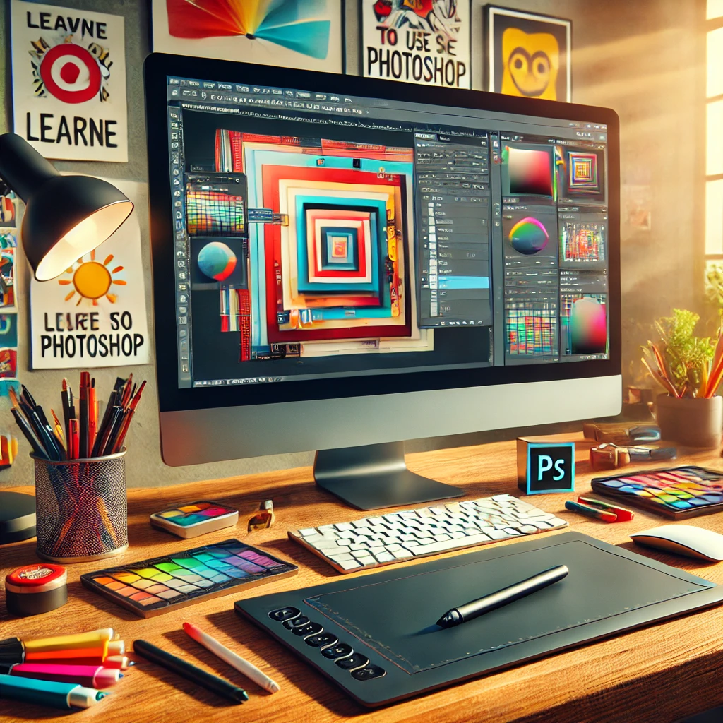 A creative workspace with a desktop computer displaying Photoshop, featuring a detailed editing project on the screen. The desk includes a graphic tablet, stylus, and various colorful editing tools. The background has an artistic vibe with posters and design elements, emphasizing the energy and focus on digital design and editing in Photoshop.