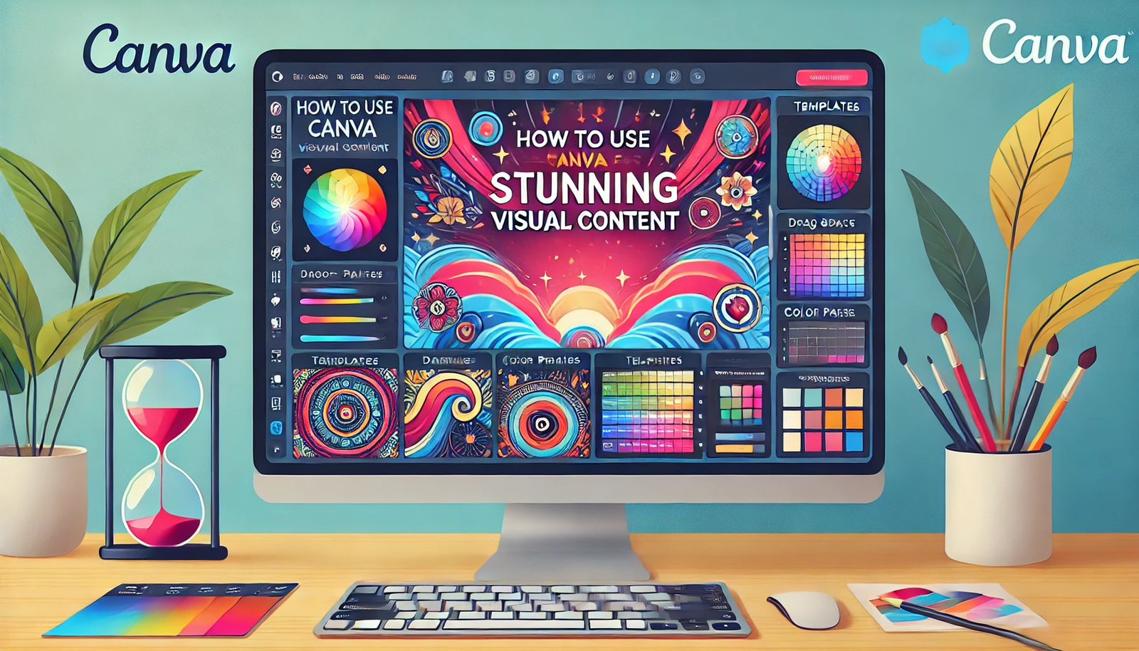 The image shows a computer screen displaying the Canva interface with various design elements like templates, text, and graphics. Design tools such as drag-and-drop features, color palettes, and layout options are visible. The background is creative and colorful, highlighting Canva's vibrant and versatile nature. The article's title is displayed in a modern, artistic font, with bold and bright colors matching Canva's branding.