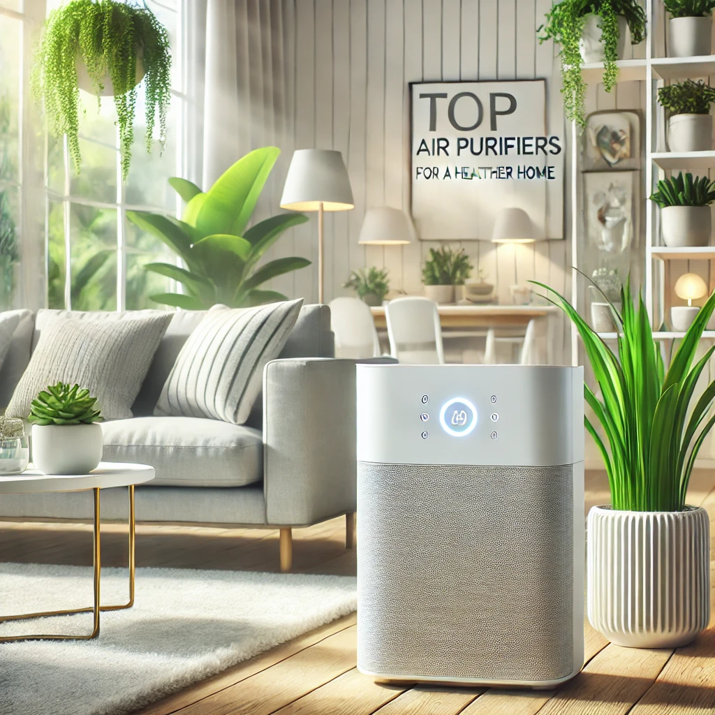 The image reflects a fresh and clean home environment, emphasizing modern air purifiers and healthy living spaces.