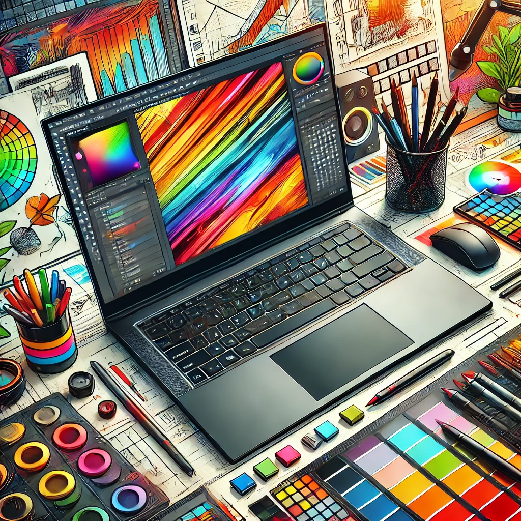 The image emphasizes creativity and high-performance technology, featuring a sleek laptop with design software in a creative workspace