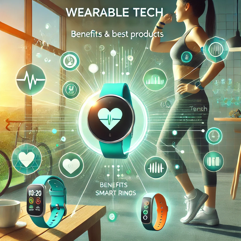 The image showcases various wearable health tech devices in a vibrant and healthy setting.