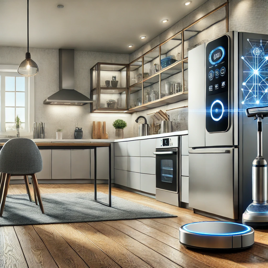 The image showcases modern smart home appliances in a sleek, high-tech living space, reflecting convenience and technology.