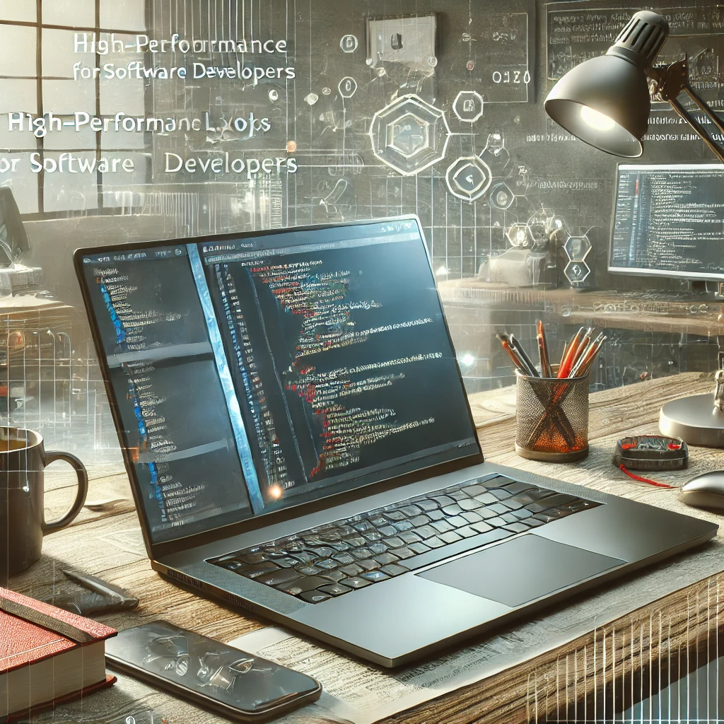 The image showcases a modern workspace with a laptop displaying software development tools, emphasizing productivity and high-performance technology.