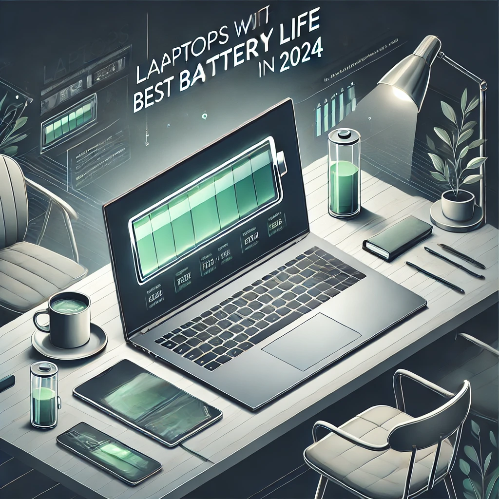 The image highlights modern laptops in various settings, emphasizing long battery life and versatility.