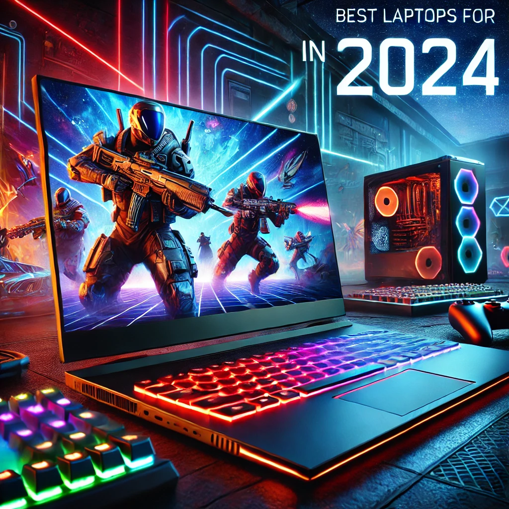 The image showcases modern gaming laptops in a dynamic gaming environment with vibrant accents, reflecting the gaming culture