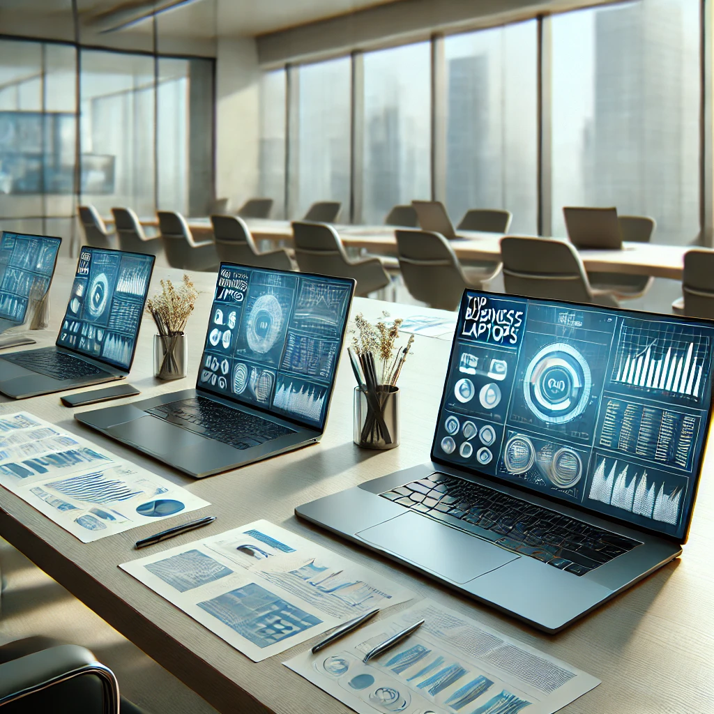 The image showcases sleek business laptops in a professional setting, reflecting productivity and a tech-savvy atmosphere.