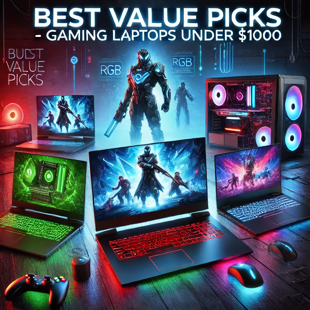 The image highlights budget-friendly gaming laptops in a sleek and modern gaming setup, reflecting gaming culture and affordability.