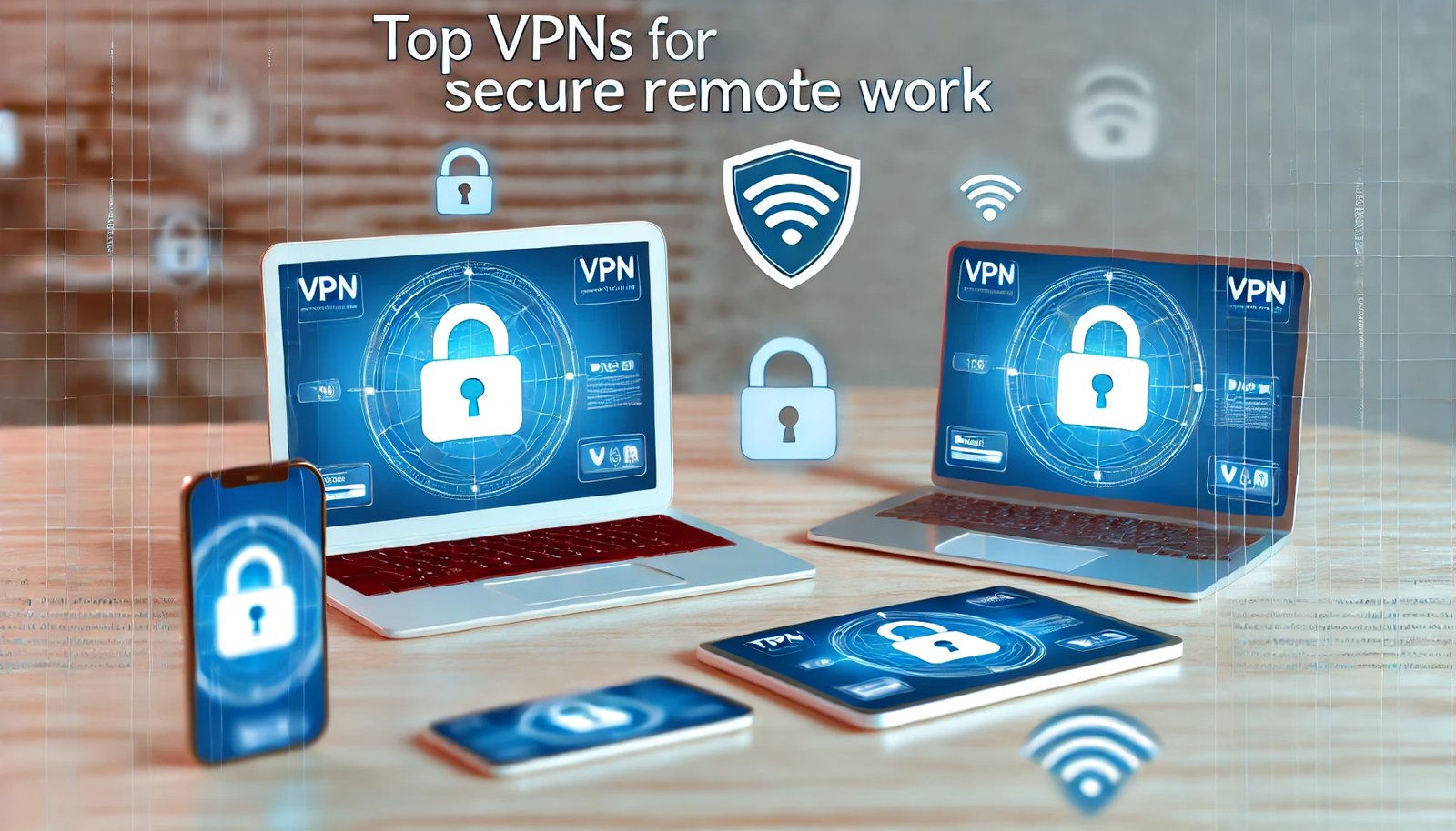 Featured image for the article 'Top VPNs for Secure Remote Work'. The image displays elements such as laptops, tablets, and smartphones with VPN interfaces on their screens. The background includes secure elements like padlocks, shields, and Wi-Fi signals. The text 'Top VPNs for Secure Remote Work' is prominently displayed in a bold and modern font, creating a professional and visually appealing design for readers looking for secure remote work solutions.