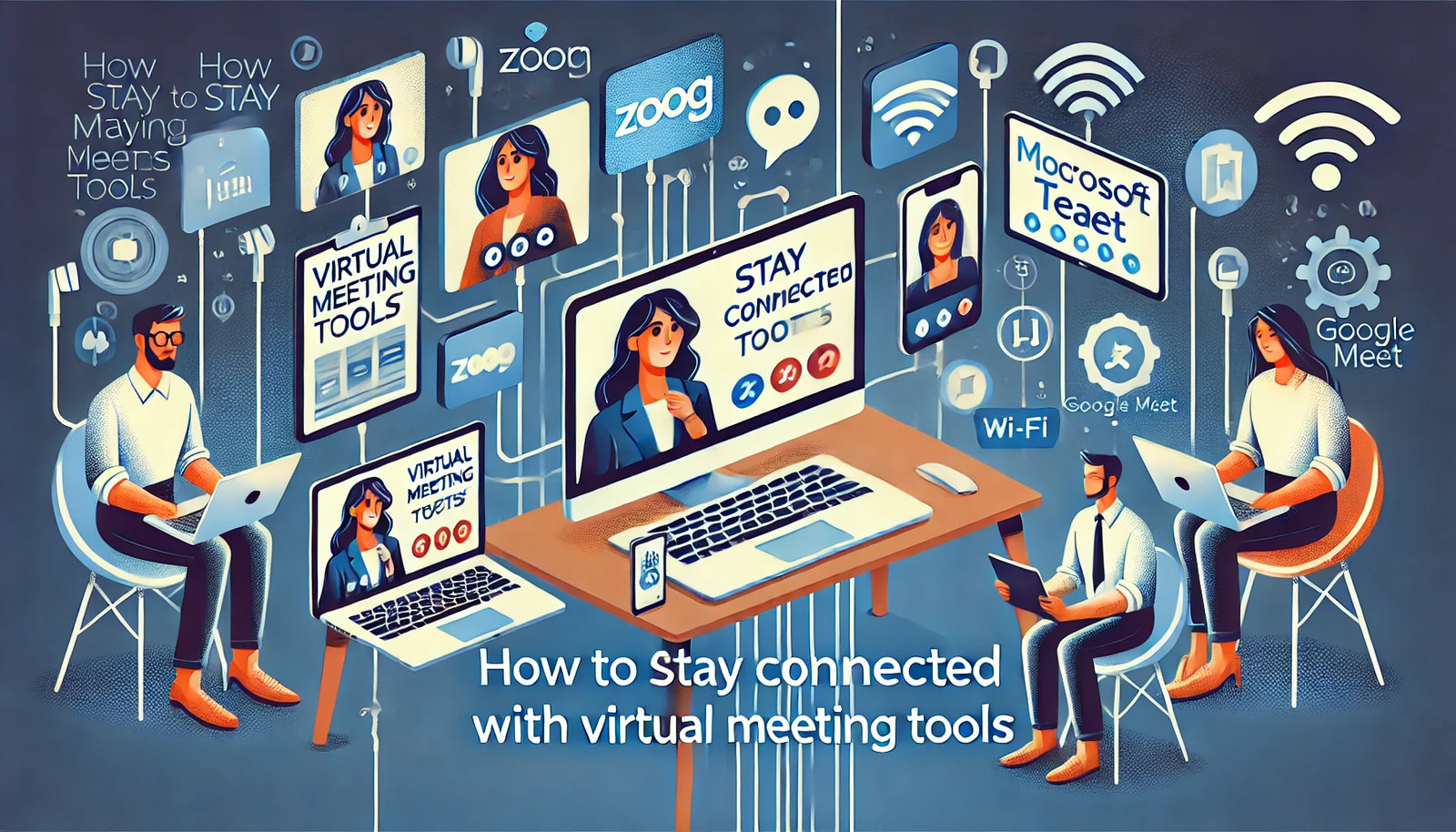 Featured image for the article 'How to Stay Connected With Virtual Meeting Tools'. The image displays laptops, tablets, and smartphones showing virtual meeting interfaces like Zoom, Microsoft Teams, and Google Meet. The background includes elements such as video call icons, chat bubbles, and Wi-Fi signals. The text 'How to Stay Connected With Virtual Meeting Tools' is prominently displayed in a bold and modern font, creating a professional and visually appealing design for readers looking for effective virtual meeting solutions.