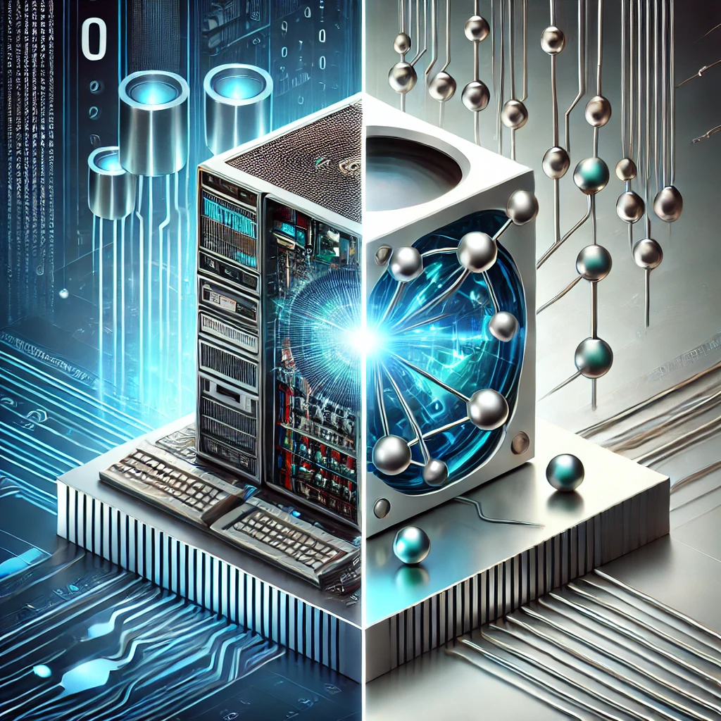 The image visually compares quantum computing with classical computing, reflecting the key differences between these two technologies.