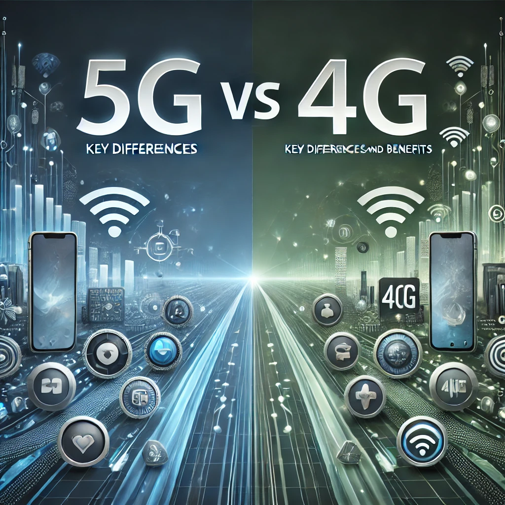 The image visually compares the two technologies, highlighting the advancements and benefits of 5G over 4G.