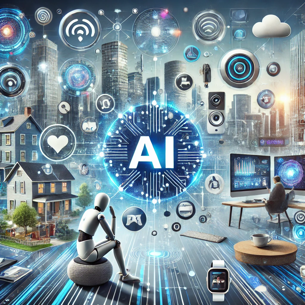 The image highlights AI integrated into various aspects of daily life, reflecting its innovation and potential for the future.