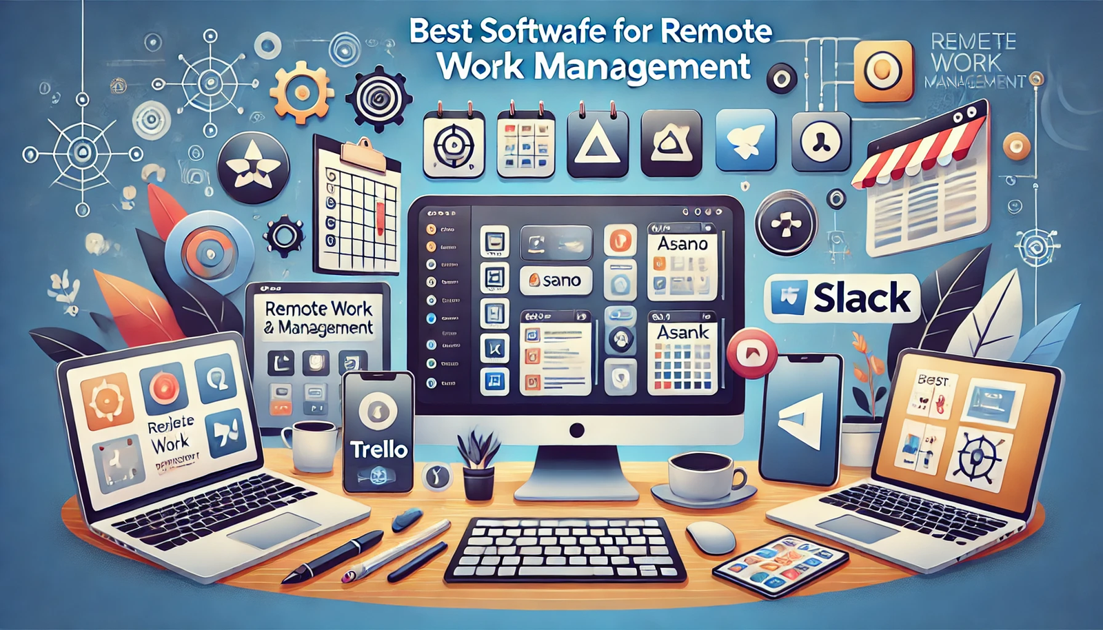 Best Software for Remote Work Management'. The image displays various devices such as laptops, tablets, and smartphones showing interfaces of popular remote work management tools like Trello, Asana, and Slack. The background includes elements such as project management icons, task lists, and collaboration symbols. The text 'Best Software for Remote Work Management' is prominently displayed in a bold and modern font, creating a professional and visually appealing design for readers looking for effective remote work solutions.