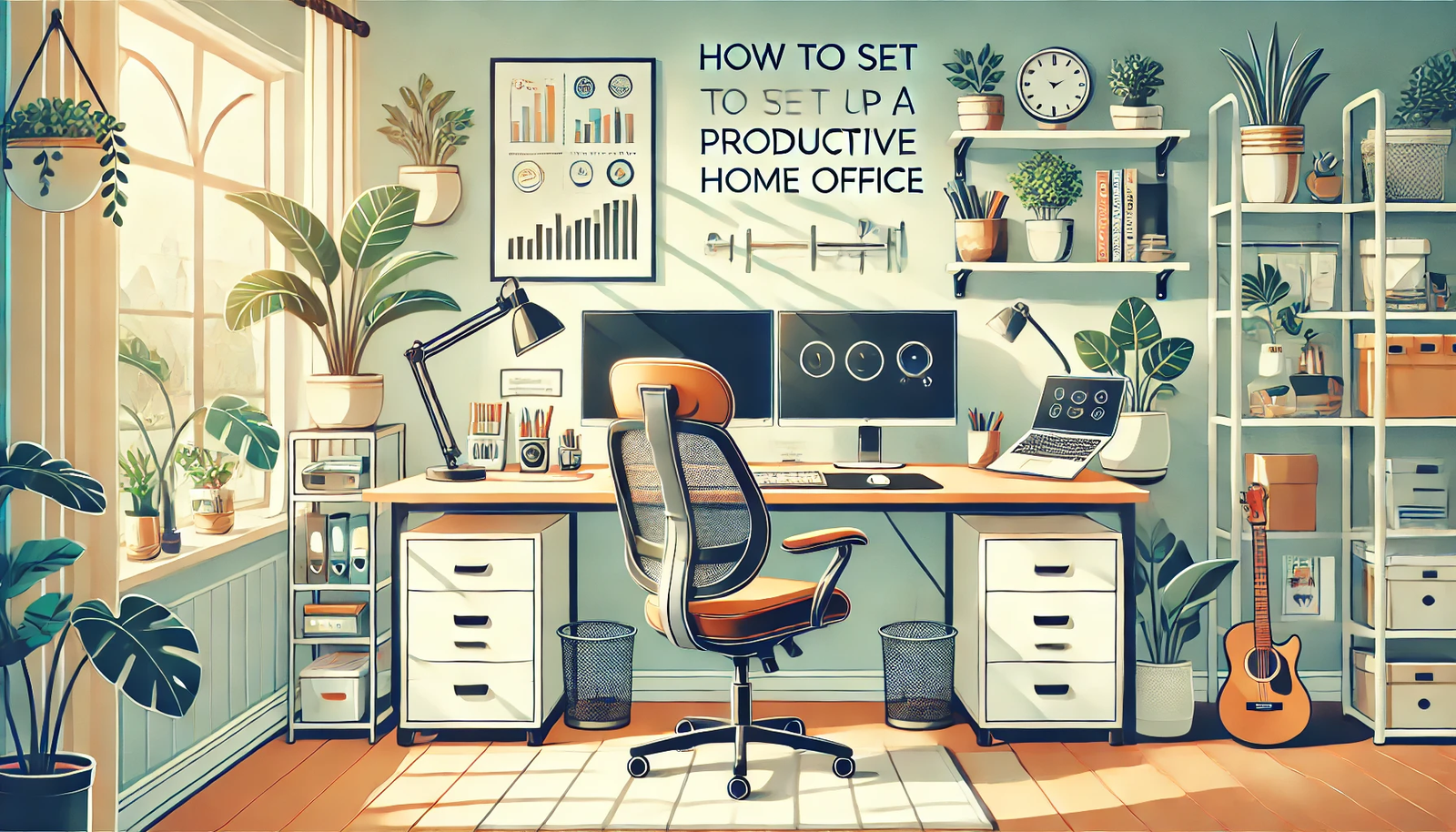 Featured image for the article 'How to Set Up a Productive Home Office'. The image displays a modern and organized home office setup with a desk, ergonomic chair, dual monitors, a laptop, and office supplies. The background includes elements like house plants, shelves with books, and good lighting. The text 'How to Set Up a Productive Home Office' is prominently displayed in a bold and modern font, creating an inviting and visually appealing design for readers looking to create an efficient workspace at home.