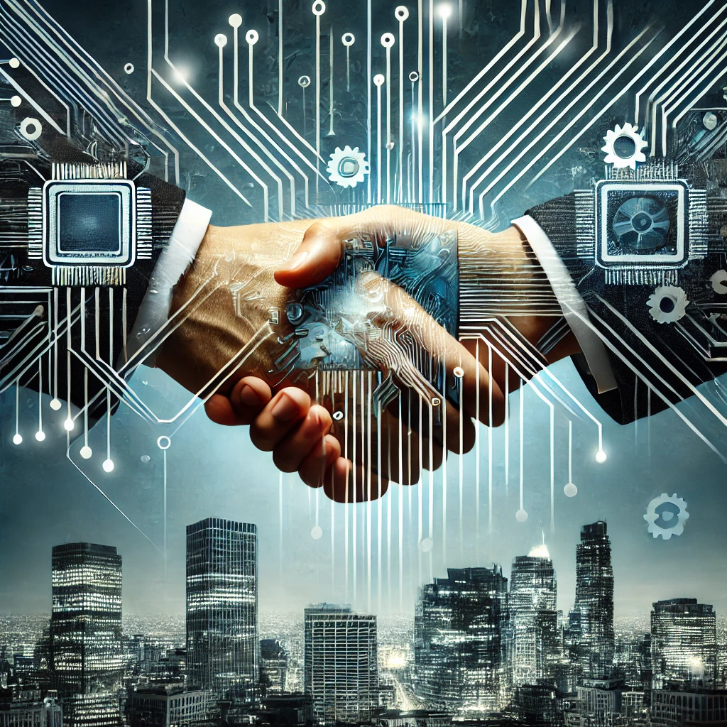 A sleek and modern visual representation of tech mergers and acquisitions, featuring merging circuit boards and gears, with two hands shaking in the foreground symbolizing a business deal. The backdrop includes corporate skyscrapers and digital networks.