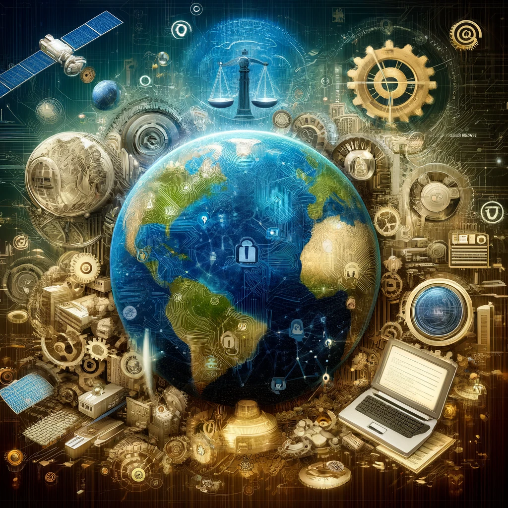 A conceptual image of a globe surrounded by gears and circuit boards, with legal documents and scales of justice symbolizing global policies. Data streams and technological icons like satellites, AI, and robotics intertwine with the globe, representing the connection between policy and technology.