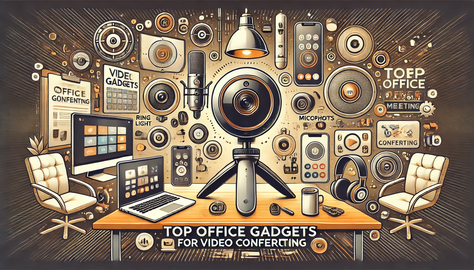 Featured image for the article 'Top Office Gadgets for Video Conferencing'. The image displays various high-tech office gadgets such as webcams, microphones, ring lights, and headsets. The background includes elements like laptops, monitors, and virtual meeting interfaces. The text 'Top Office Gadgets for Video Conferencing' is prominently displayed in a bold and modern font, creating a sleek and visually appealing design for readers looking for the best gadgets to enhance their video conferencing experience.