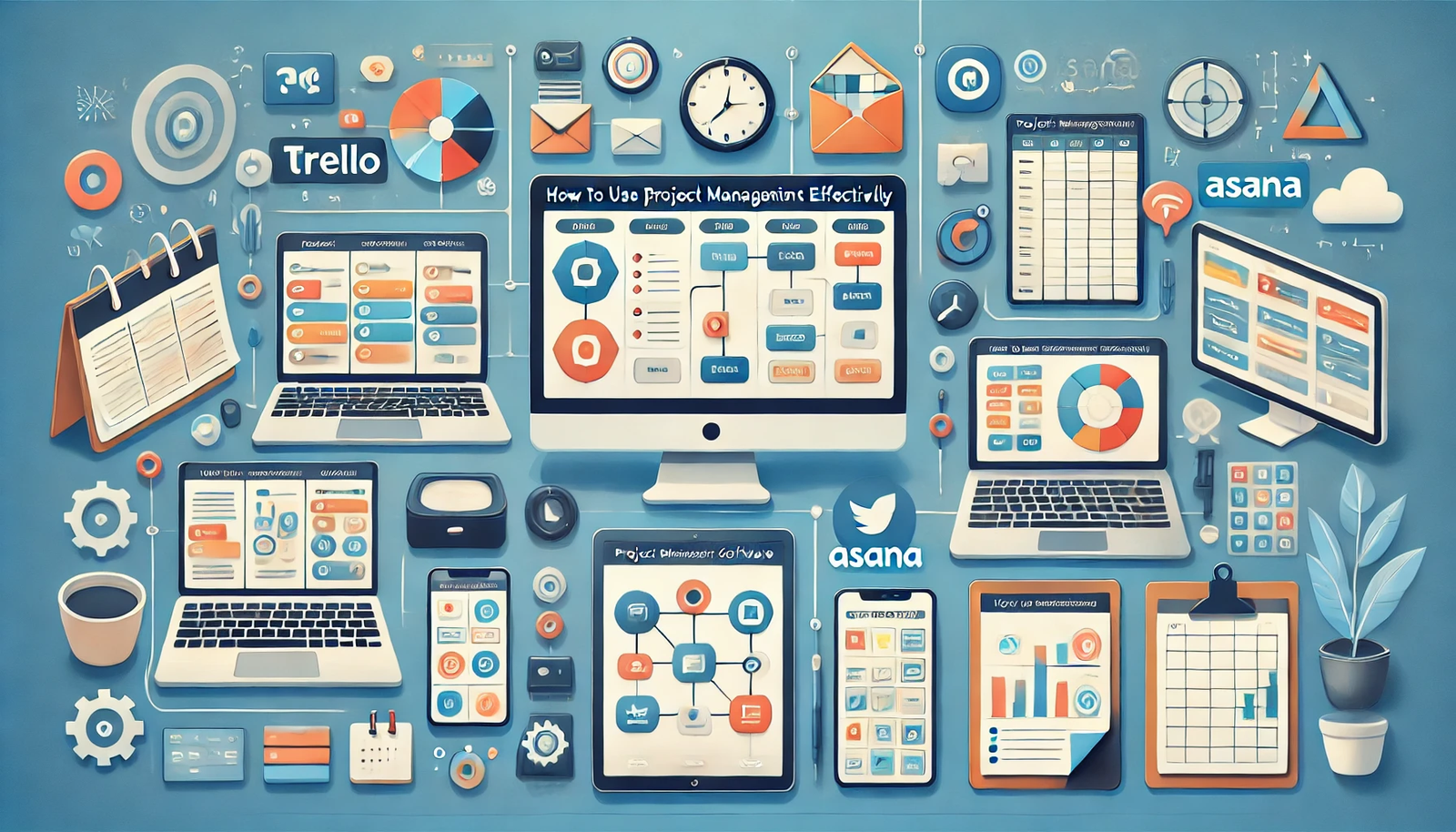 How to Use Project Management Software Effectively'. The image displays various devices such as laptops, tablets, and smartphones showing interfaces of popular project management tools like Trello, Asana, and Monday.com. The background includes elements such as project timelines, task lists, and collaboration symbols. The text 'How to Use Project Management Software Effectively' is prominently displayed in a bold and modern font, creating a professional and visually appealing design for readers looking to optimize their use of project management software.