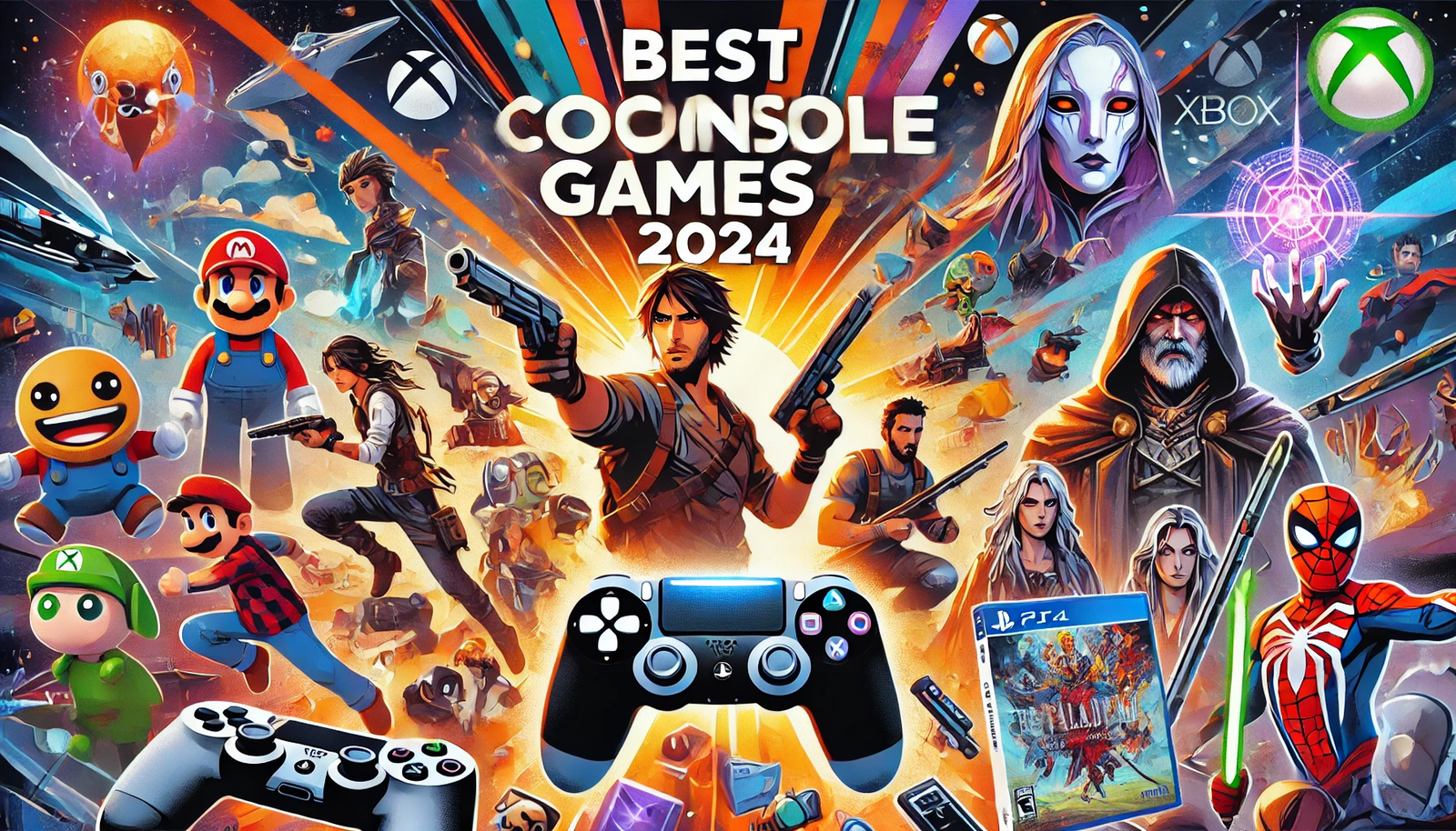 Featured image for the article 'Best Console Games of 2024'. The image showcases a variety of highly anticipated and popular games from different consoles, including PlayStation, Xbox, and Nintendo Switch. The background is vibrant and filled with game-related elements such as characters, controllers, and game worlds. The text 'Best Console Games of 2024' is bold and prominently placed at the top, creating an exciting and visually appealing design for gamers.