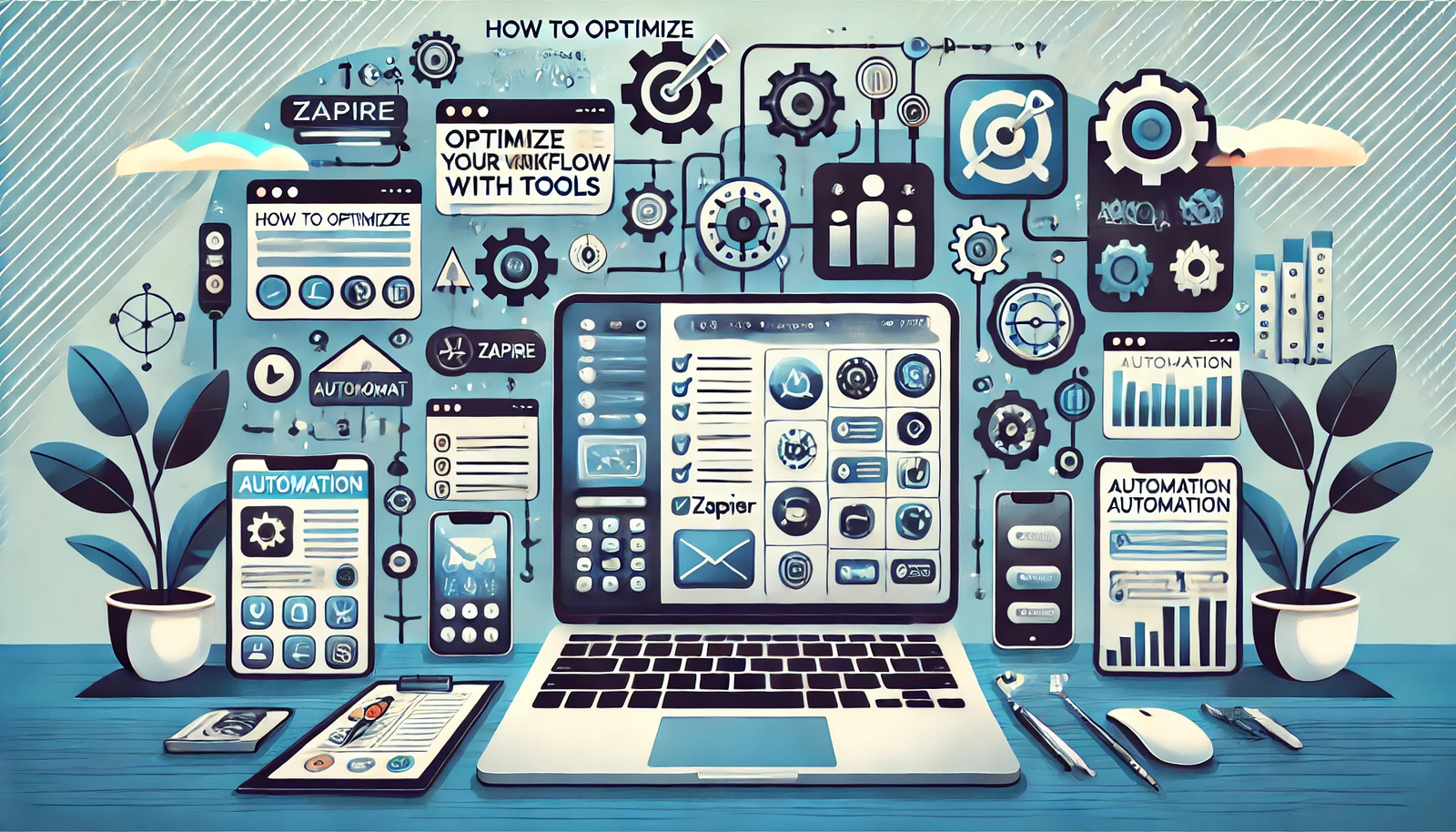 Featured image for the article 'How to Optimize Your Workflow With Automation Tools'. The image displays various devices such as laptops, tablets, and smartphones showing interfaces of popular automation tools like Zapier, Integromat, and Automate.io. The background includes elements such as workflow diagrams, automation symbols, and task lists. The text 'How to Optimize Your Workflow With Automation Tools' is prominently displayed in a bold and modern font, creating a professional and visually appealing design for readers looking to enhance their workflow with automation solutions.