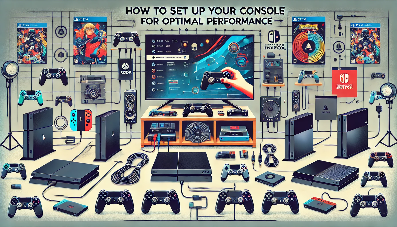 Featured image for the article 'How to Set Up Your Console for Optimal Performance'. The image displays a variety of gaming consoles, including PlayStation, Xbox, and Nintendo Switch, being set up. The background includes elements such as cables, TV screens, controllers, and accessories. The text 'How to Set Up Your Console for Optimal Performance' is prominently displayed in a clear, modern font, creating an informative and visually engaging design to help readers understand the setup process.