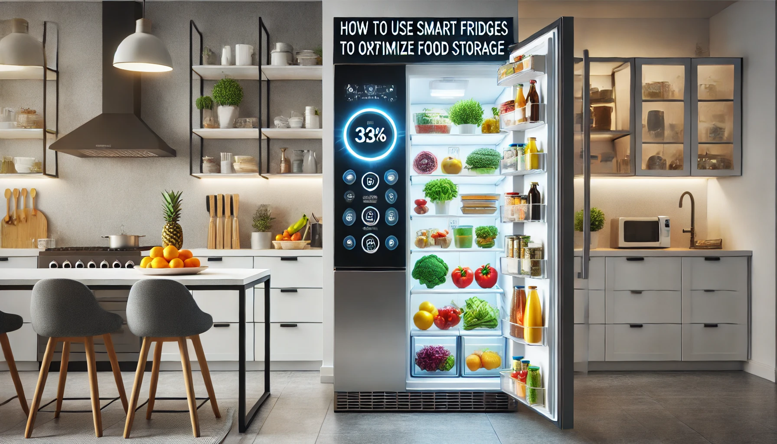 Featured image for the article 'How to Use Smart Fridges to Optimize Food Storage'. The image displays a modern smart fridge with an interactive touchscreen showing organized food storage. Inside the fridge are fresh fruits, vegetables, and neatly arranged food items. The background features a clean and modern kitchen setting. The text 'How to Use Smart Fridges to Optimize Food Storage' is prominently displayed in a bold and modern font, creating a sleek and visually appealing design for readers interested in using technology to improve food storage.