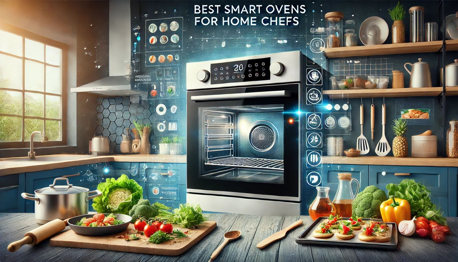 Featured image for the article 'Best Smart Ovens for Home Chefs'. The image displays a modern smart oven with an interactive touchscreen showing cooking settings or a recipe guide. The scene includes fresh ingredients, prepared dishes, and a sleek kitchen setting with countertops and cooking utensils. The text 'Best Smart Ovens for Home Chefs' is prominently displayed in a bold and modern font, creating an inviting and visually appealing design for readers interested in advanced cooking technology.