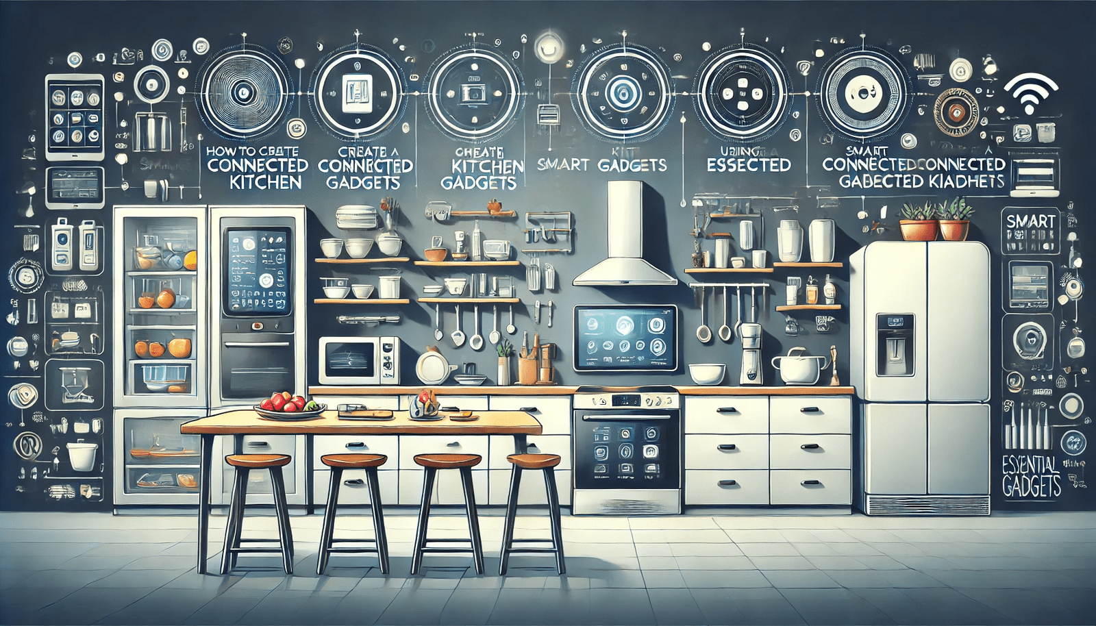 Featured image for the article 'How to Create a Connected Kitchen Using Essential Gadgets'. The image displays a modern kitchen with various smart kitchen gadgets such as smart fridges, ovens, and blenders, all connected and in use. A central control tablet or smartphone shows the interfaces of these gadgets. The background features a clean and organized kitchen with countertops, utensils, and fresh ingredients. The text 'How to Create a Connected Kitchen Using Essential Gadgets' is prominently displayed in a bold and modern font, creating a sleek and visually appealing design for readers interested in integrating technology into their kitchens.