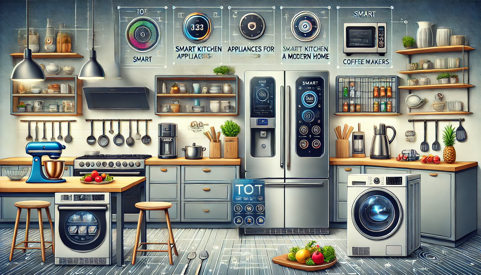 Featured image for the article 'Top Smart Kitchen Appliances for a Modern Home'. The image displays various high-tech kitchen appliances such as smart fridges, ovens, coffee makers, and dishwashers with interactive touchscreens or smart interfaces. The background features a sleek and modern kitchen with countertops, utensils, and fresh ingredients. The text 'Top Smart Kitchen Appliances for a Modern Home' is prominently displayed in a bold and modern font, creating an inviting and visually appealing design for readers interested in upgrading their kitchens with the latest technology.