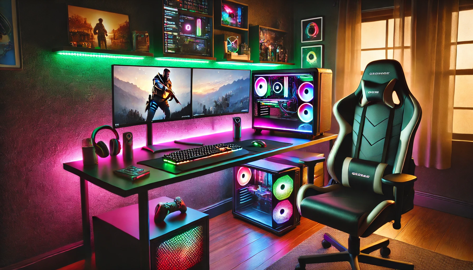 A modern gaming setup at home featuring a high-end gaming PC with colorful RGB lighting, dual monitors displaying vibrant game graphics, a comfortable gaming chair, and a sleek desk with a mechanical keyboard and gaming mouse. The room is dimly lit, highlighting the glow from the screens and RGB lights, creating a futuristic and immersive atmosphere.