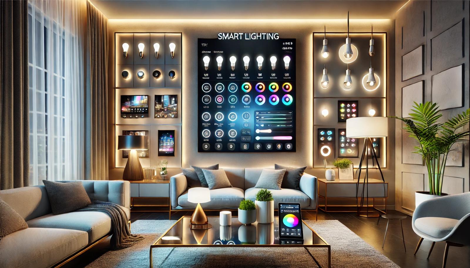 A modern living room showcasing smart lighting solutions, featuring a sleek design with smart LED bulbs, color-changing lights, and a smart lamp. The walls have smart light panels for a customizable ambiance. A tablet on the coffee table displays a lighting control app. The room includes contemporary furniture, a stylish sofa, a glass coffee table, and potted plants, creating a high-tech and inviting atmosphere that highlights the integration of smart lighting in modern home design.