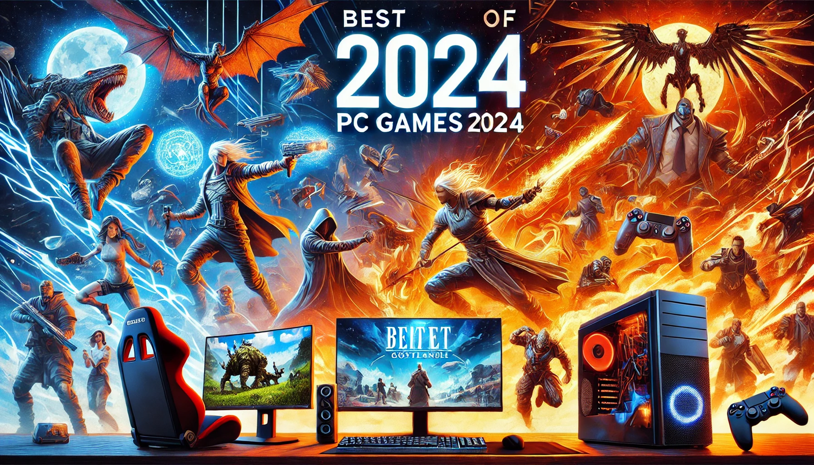 Featured image for the article 'Best PC Games of 2024'. The image showcases a variety of highly anticipated and popular PC games with vibrant and engaging game scenes. The background includes elements such as gaming PCs, monitors, and game characters. The text 'Best PC Games of 2024' is prominently displayed in a bold and modern font, creating an exciting and visually appealing design for gamers.