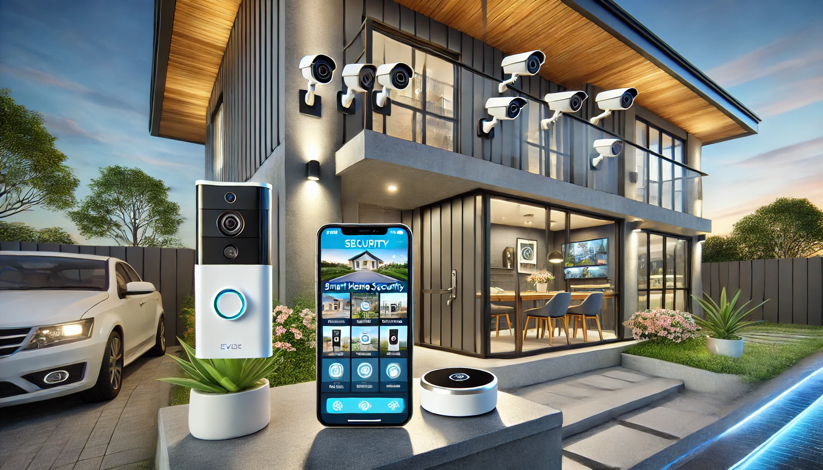 A modern home showcasing the best smart home security systems of 2024, featuring a sleek video doorbell, smart security cameras on exterior walls, a smart lock on the front door, and a security hub with a touchscreen display. Inside, a smartphone on the kitchen counter shows a security app with live camera feeds and alerts. The house has a contemporary design with large windows, a minimalist garden, and stylish decor, emphasizing advanced security features integrated into a modern home.