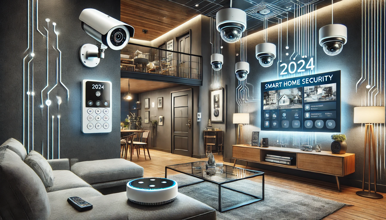 A modern connected home with various smart devices integrated into a seamless system, including a smart thermostat on the wall, a voice-activated digital assistant on a table, smart light bulbs throughout the room, and a tablet displaying a home automation app. The living room features a stylish sofa, a coffee table, and a flat-screen TV, with smart blinds on the windows. A smart refrigerator is visible in the kitchen area. The decor is contemporary, with plants and art pieces, creating a tech-savvy and harmonious living space.