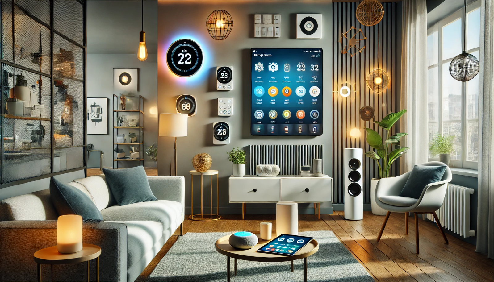 A modern living room featuring top smart home devices for upgrading living spaces, including a smart thermostat on the wall, a sleek smart speaker on a side table, smart lighting with adjustable colors, and a smart TV displaying a streaming app. A tablet on the coffee table shows a smart home app controlling various devices. The room has a minimalist design with a comfortable sofa, decorative plants, and contemporary art pieces, creating a tech-savvy and stylish atmosphere.