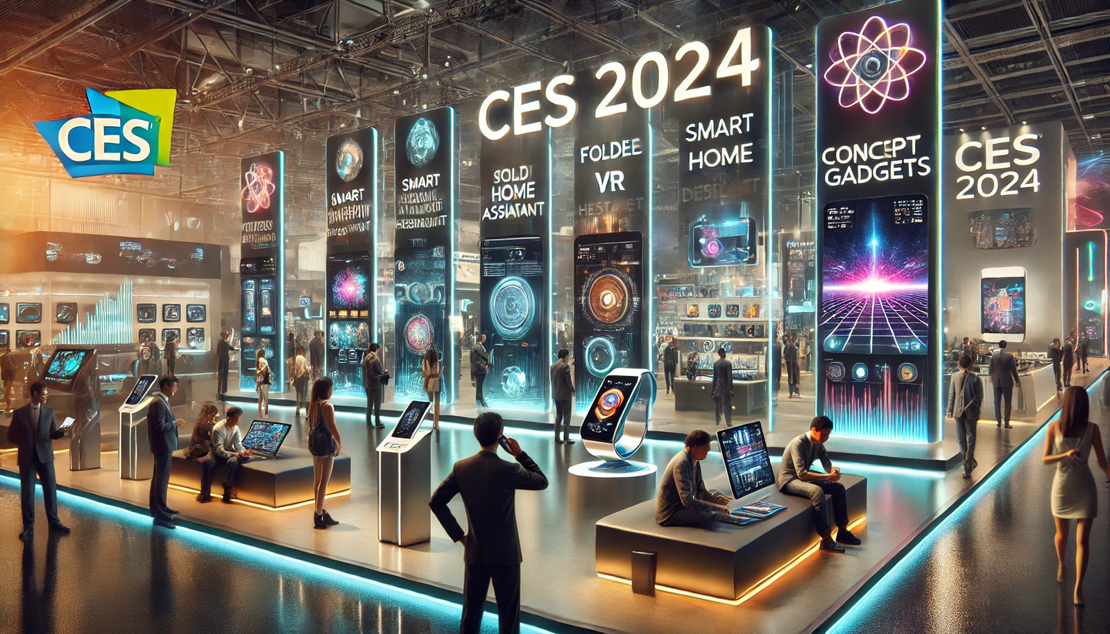 An exhibition hall showcasing top concept gadgets from CES 2024, featuring futuristic gadgets like a foldable smartphone, an advanced VR headset, a smart home assistant with a holographic display, and a portable health monitor. Visitors interact with the devices, taking notes and photos. The hall is brightly lit with large banners displaying 'CES 2024', creating a vibrant and cutting-edge atmosphere that emphasizes innovation and technological advancements.